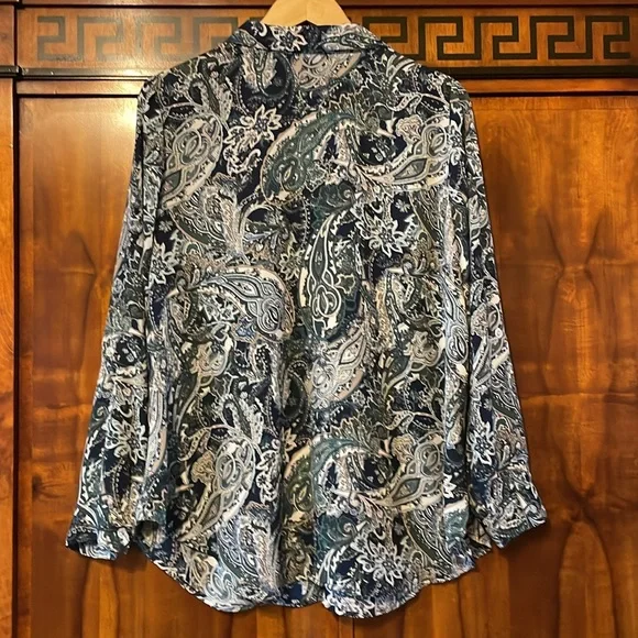Roz & Ali 1X Paisley Button Down Blouse Blue Green Boho Flowy Women Plus Top - Picture 8 of 14